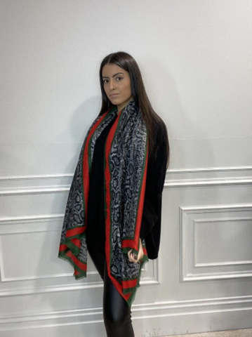Soft Scarf - Black Snake Print With Red/Green Detail