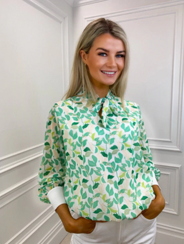 Kate & Pippa Bow Band Top SS22 - White / Green Print- Nicola Ross