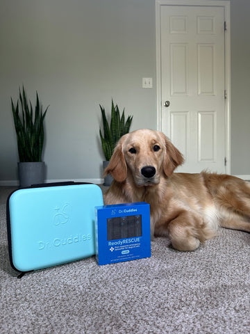 Golden retriever, Finn, with our Total Care Combo Pack!