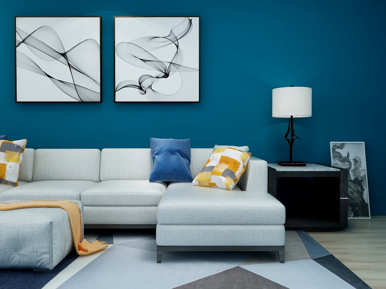 Photorealistic 3D Renders help to visualize what your space will look like before committing to any real changes.  Here we see a dramatic representation of a blue and gold color scheme, and show what a finished room will really look like.  No more guessing! 
