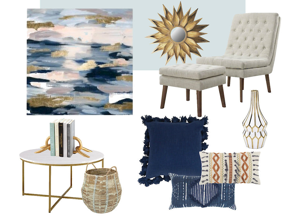 Vision Board, Mood Board, Concept Board.  However you name it this layout helps our clients to visualize color schemes and product selections. Gold and Blue, with soft whites and pops of orange bring this serene plan to life.
