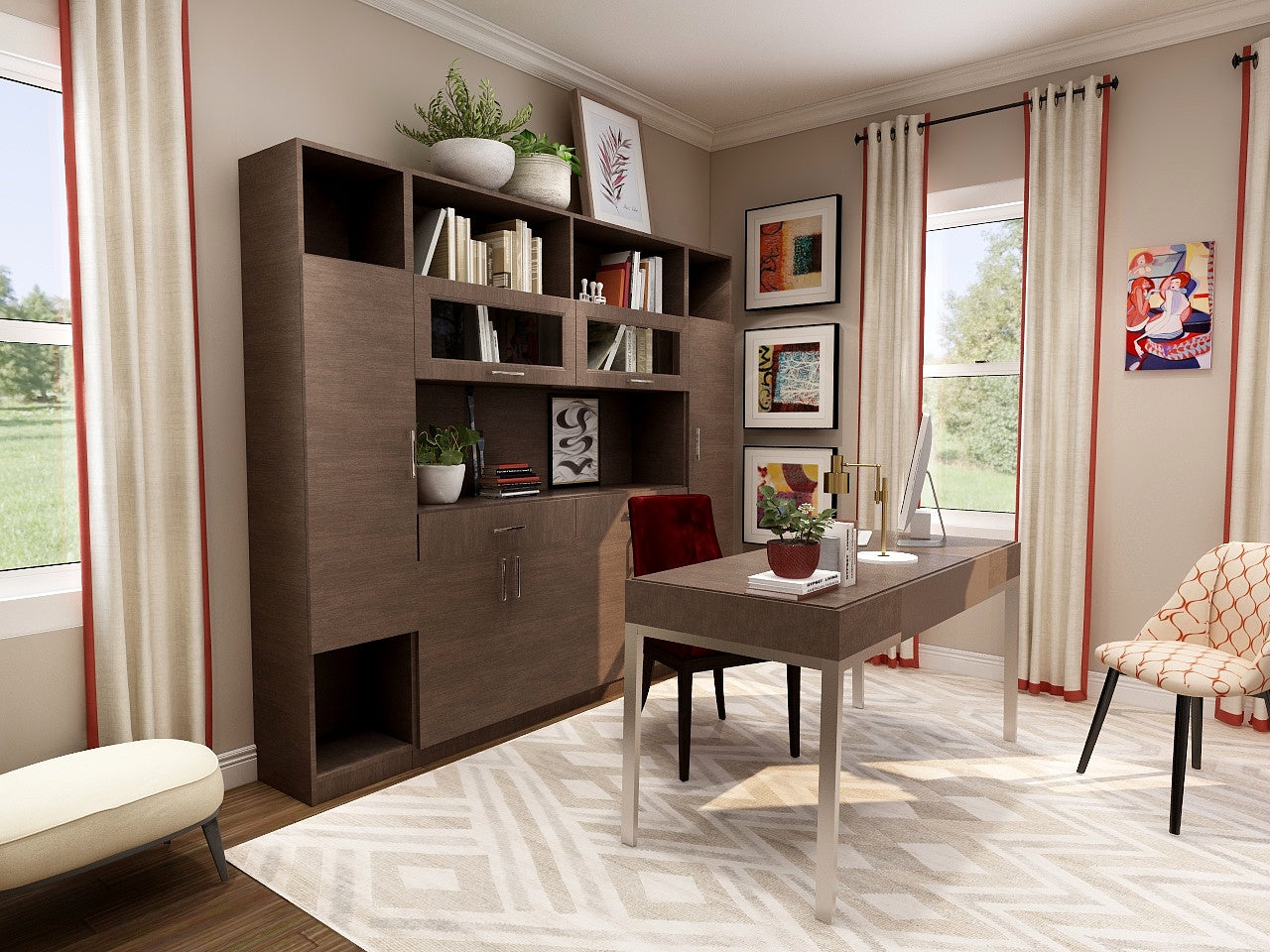 Photorealistic 3D render of an office really shows what a finished room will look like.  Preview rugs, fabrics, furniture layouts and artwork before commiting to your final purchases. It's the little details really make this design come together.