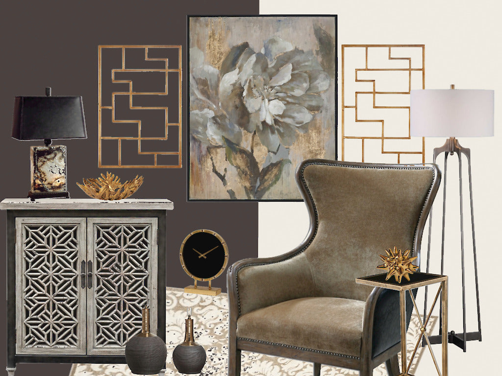 A mood board can bring the feel of a design to life.  Warm browns, greys and golds, paired with pops of bold blacks, elevate this neutral color scheme to dramatic and classy new levels.