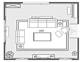 Floor plans or room schemes for a living room gives an idea of scale and recommended furniture placement for a custom room layout. Sofa, chairs, rug, table even pianos and plants can be used to help you come up with the best furniture arrangement for your room.