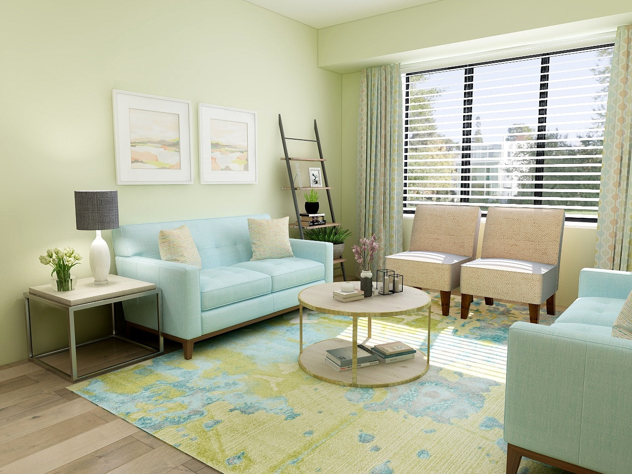 Aqua, green and peach tones bring the feel of the beach into this lovely condo.  A mix of woods and metals, and a variety of fabric textures gives this room a comfortable down-to-earth feel while still remaing classy and elegant. The 3D render gives a realistic representation of the room. 