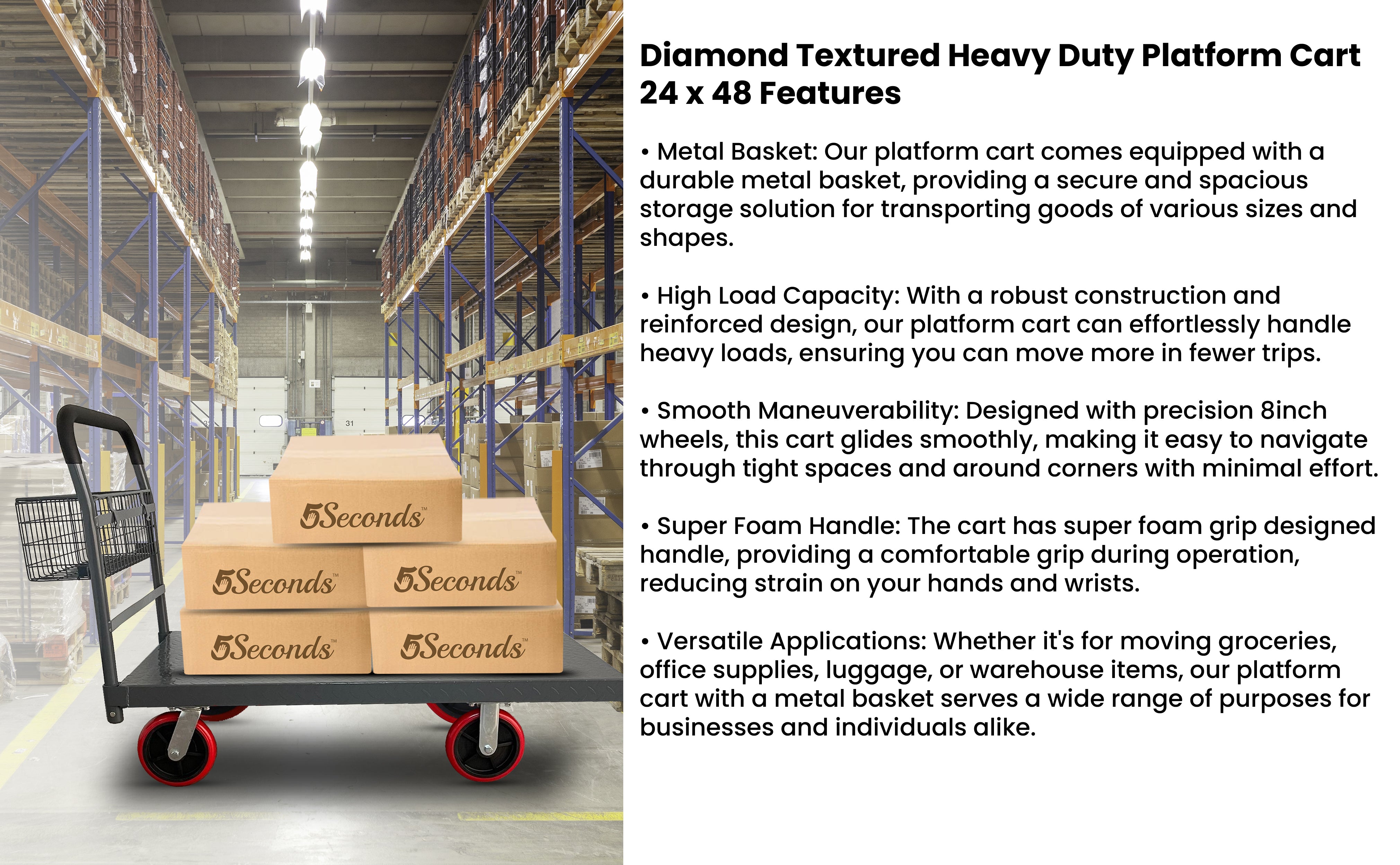 5Seconds™ Flatbed Platform Cart Industrial Dolly Cart Heavy Duty 48” x 24”  Platform Hand Truck Push Cart Super Heavy Duty Diamond Plate Flatbed Cart
