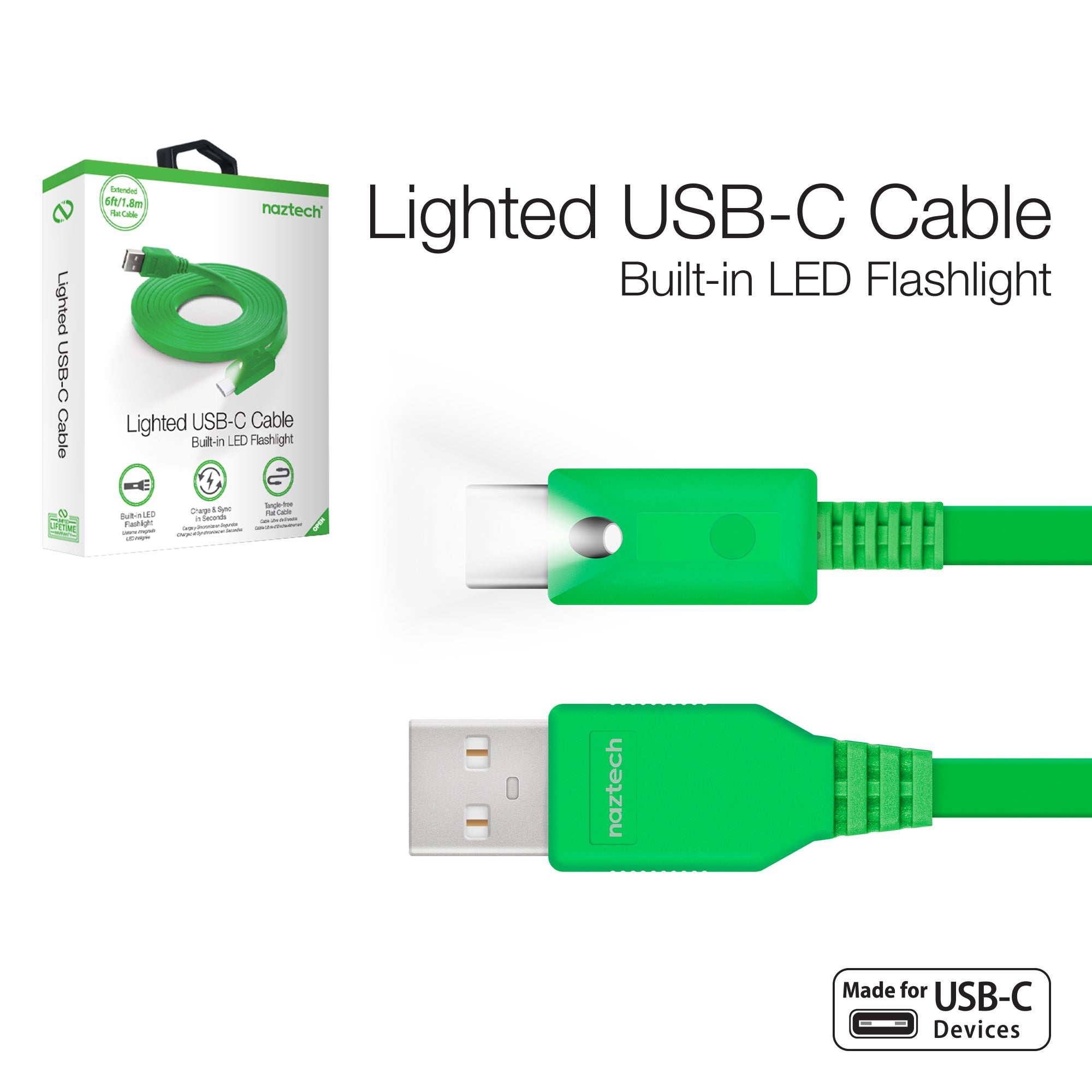 Bermad Nauw deeltje Naztech Lighted USB-C Charge & Sync Cable with Push Button Control - Green  – Naztech.com