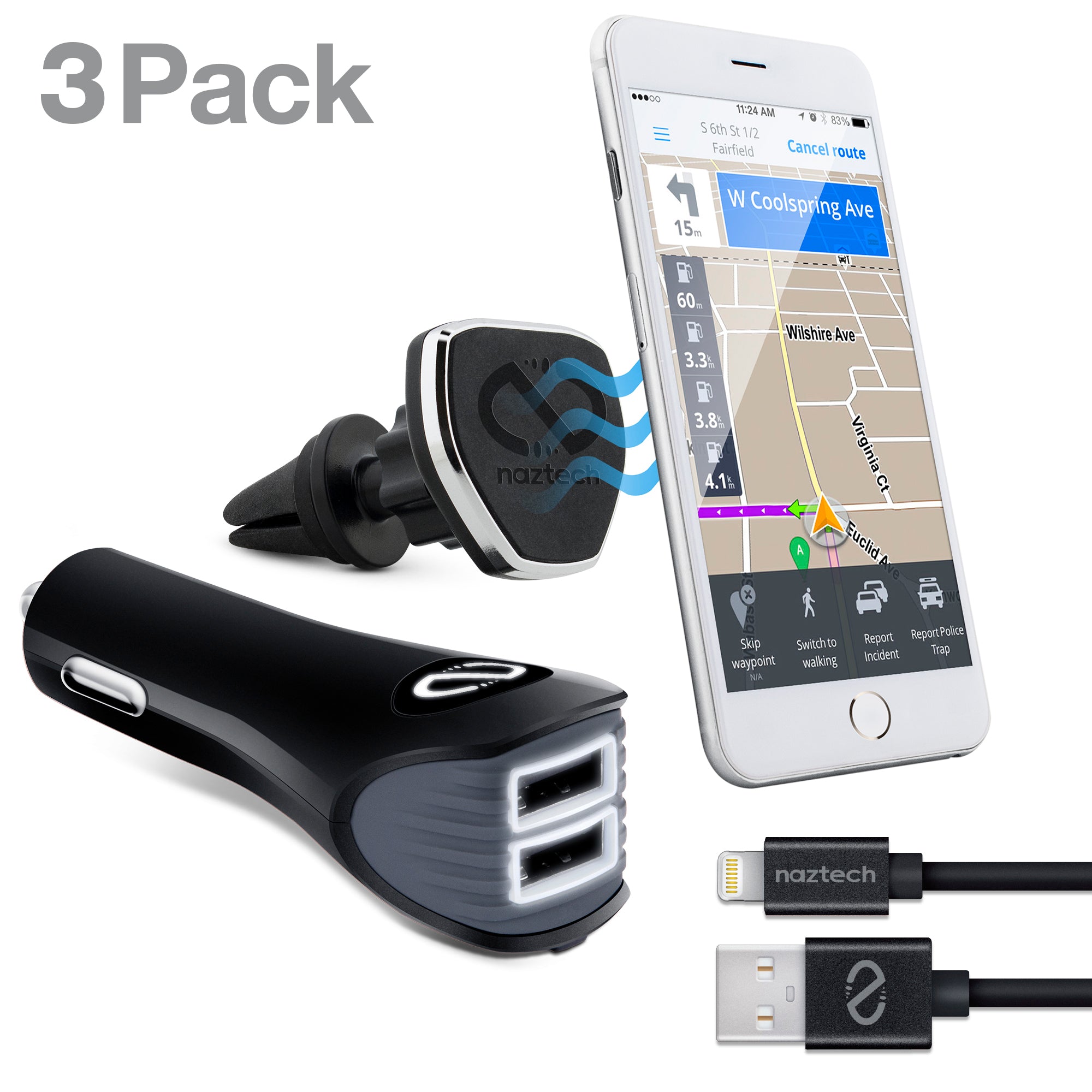 Phone Holder + Dual USB Car Charger: Lightning | Naztech – 