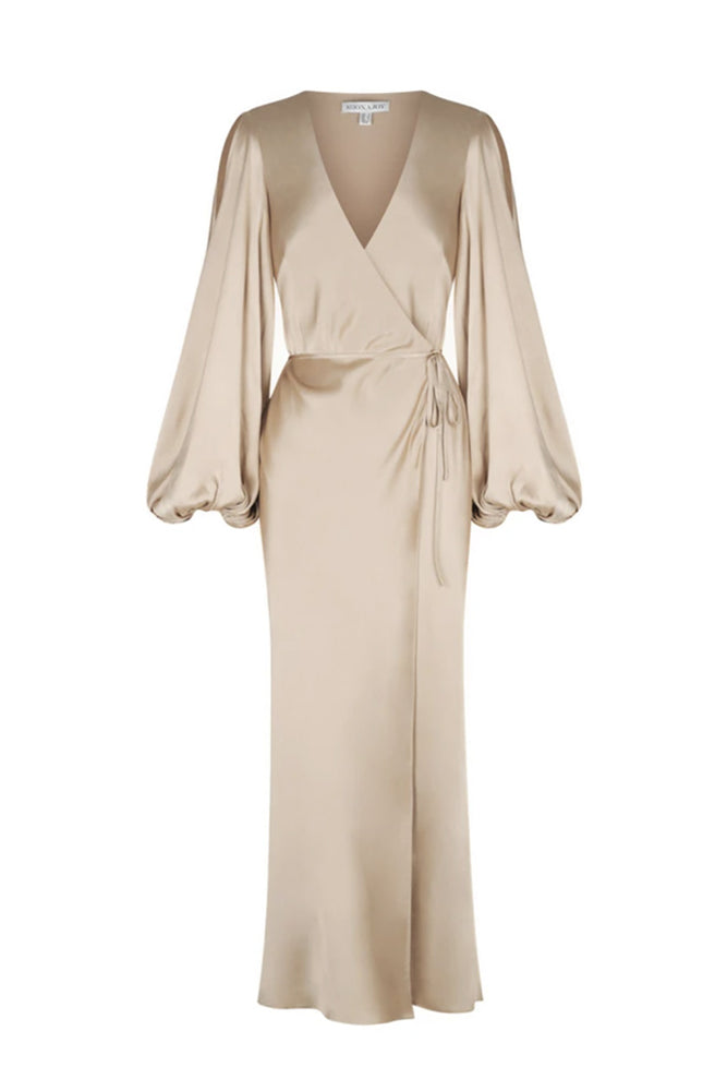 La Lune Balloon Sleeve Midi Dress with Belt, Cream, Dresses