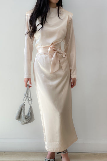 SATIN MIDI DRESS WITH GATHERED WAIST - Cava