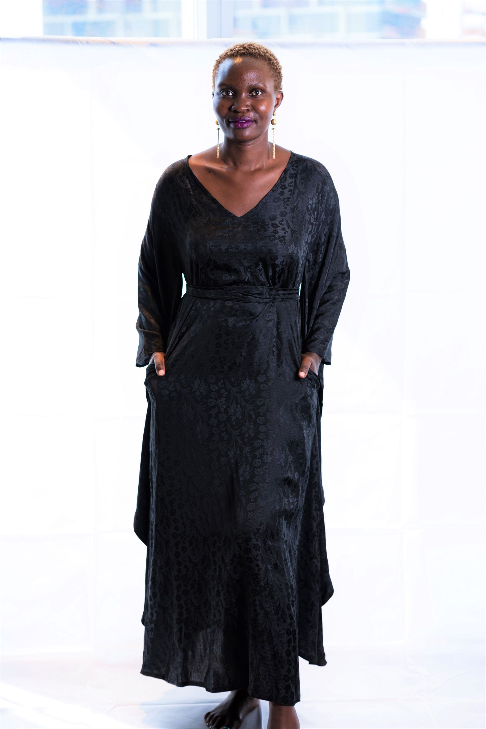Black Silk Dress for tall women, Wide Sleeves | Ellectives
