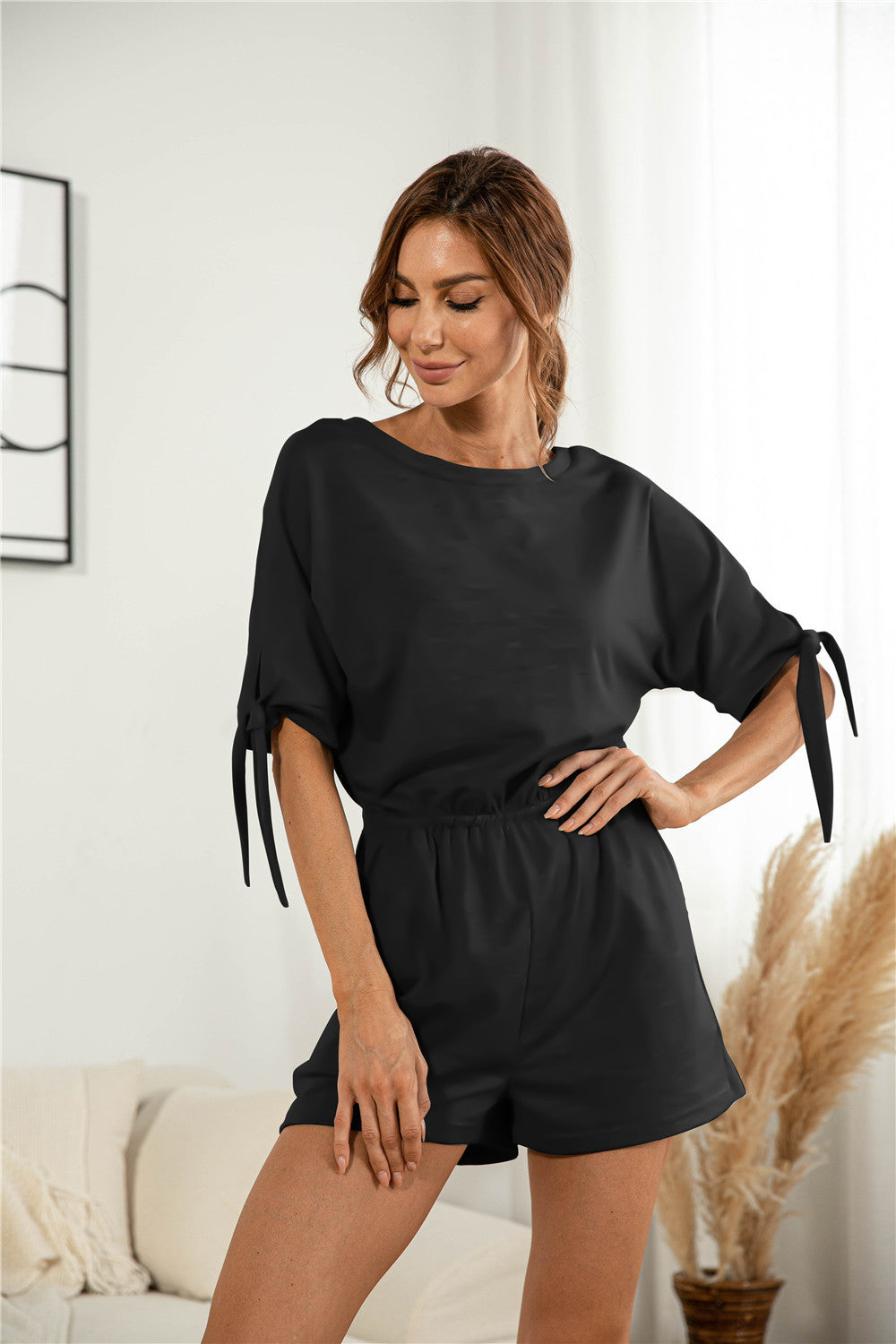 Knotted Cuff Dolman Sleeve Romper - Touch Me Textures