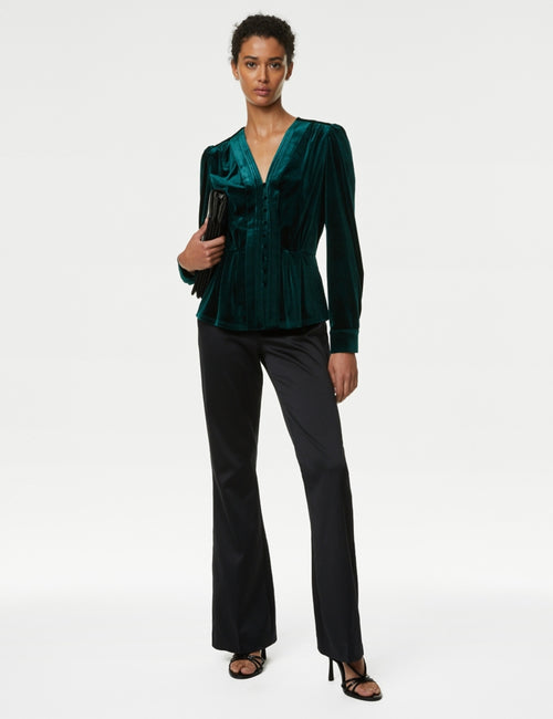 Cotton V-Neck Pintuck Long Sleeve Blouse, M&S Collection