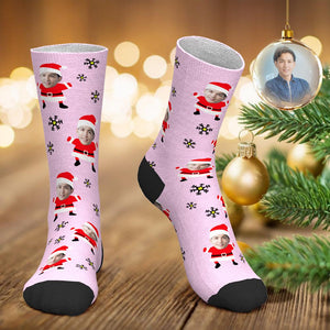 カスタムフェイスソックス-写真入り可能なオリジナルクリスマス靴下-雪とサンタ