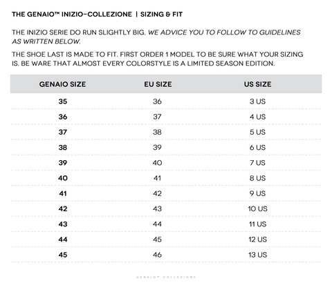 Sizechart | Inizio collezione