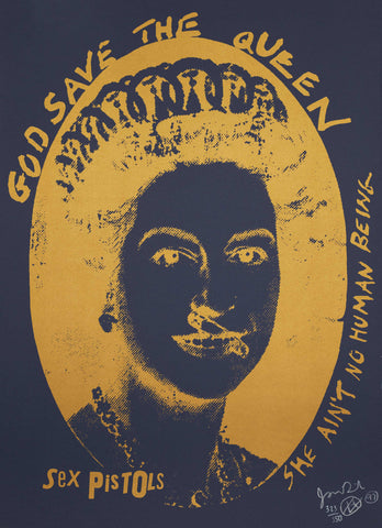 God Save the Queen, Gold on Blue by Jamie Reid | Enter Gallery 