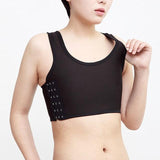 Black tomboy bra worn by model with hook system on display