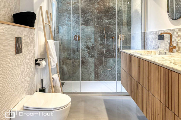 Badkamermeubels voor villa Zuid-Frankrijk - badkamermeubel marmeren blad - by DroomHout