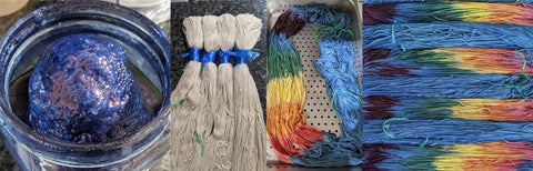 Process of dyeing Rainbow, from indigo flower, to skeins, to steaming and final yarn