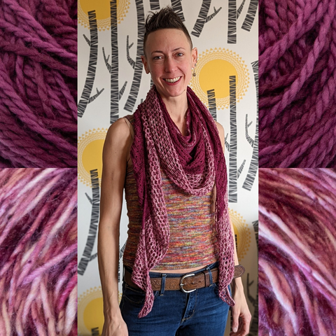 Person wearing RodeoDream shawl with close up of yarn in the background picture