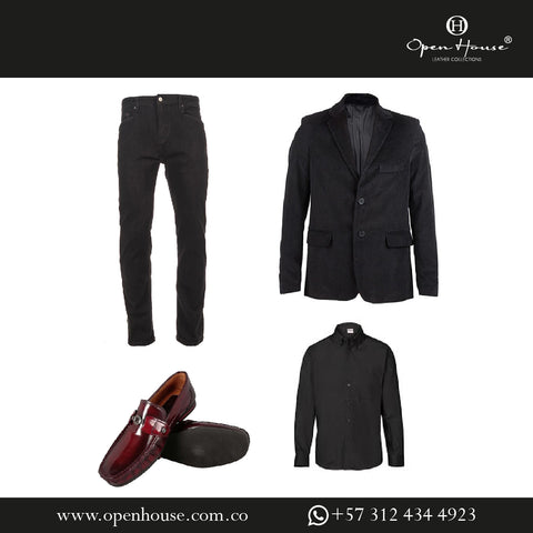 Look con mocasines para hombre conformado por un jean, camiza y blazer negro para así resaltar los mocasines color vino