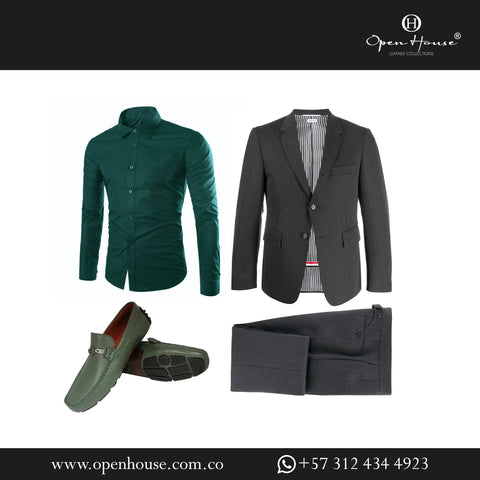 outftit con mocasines para hombre conformado por traje gris, camiza verde y zapatos Titan verdes Open House