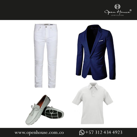 Outfit con mocasines para hombre conformado por pantalón blanco, camibuso, blazer azul rey y mocasines Poseidón gris Open House