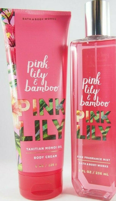 Bath and Body Works Pink Lily and Bamboo Body Cream + Fragrance Mist Set 8oz New