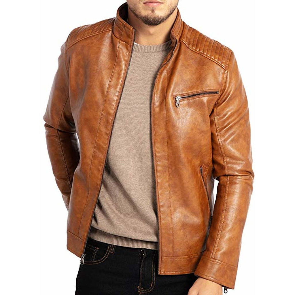 Men Stand Collar Leather Motorcycle Jacket Brown – Musheditions