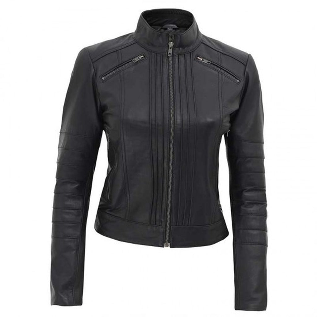 Women Black Slim Fit Genuine Leather Jacket – Musheditions