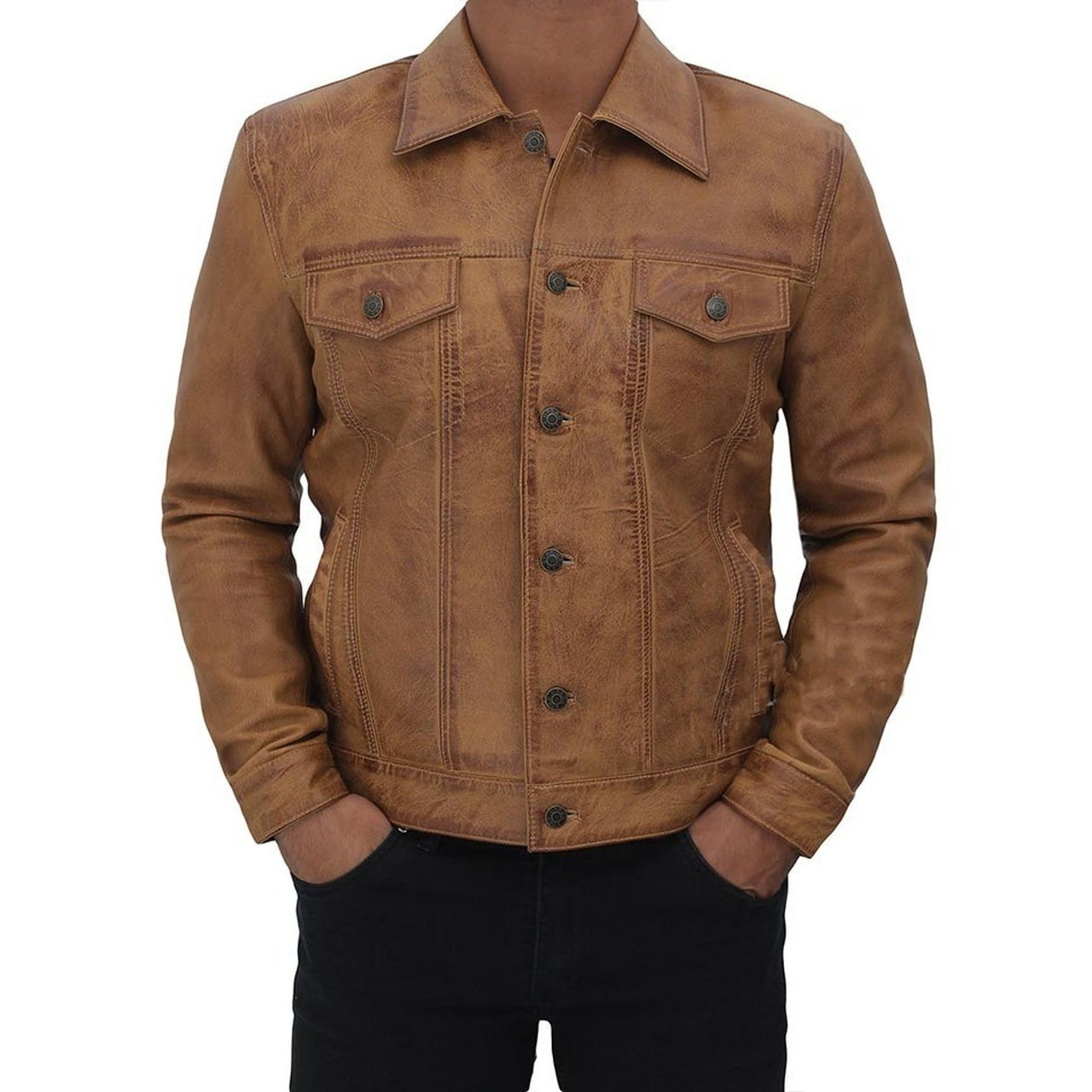 Camel Brown Button Up Leather Trucker Jacket – Musheditions