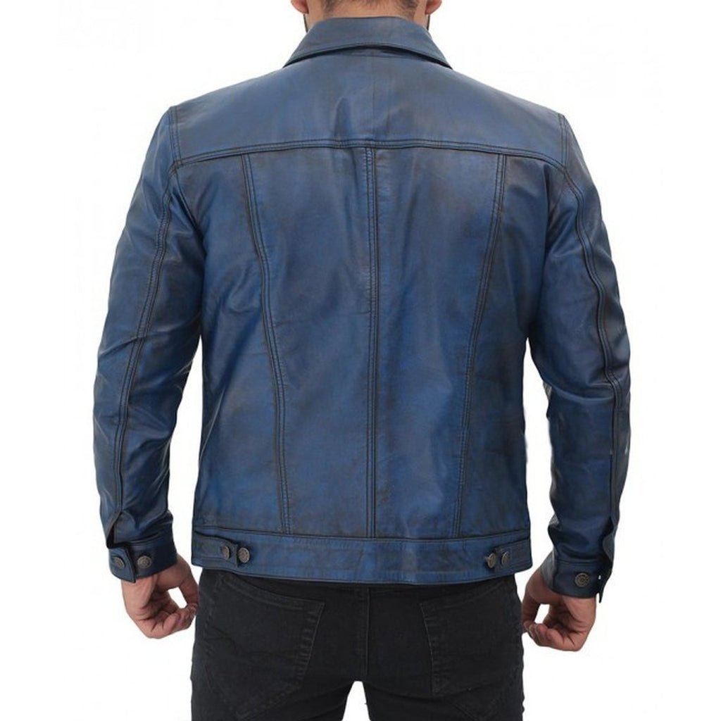 Dark Blue Trucker Leather Jacket – Musheditions