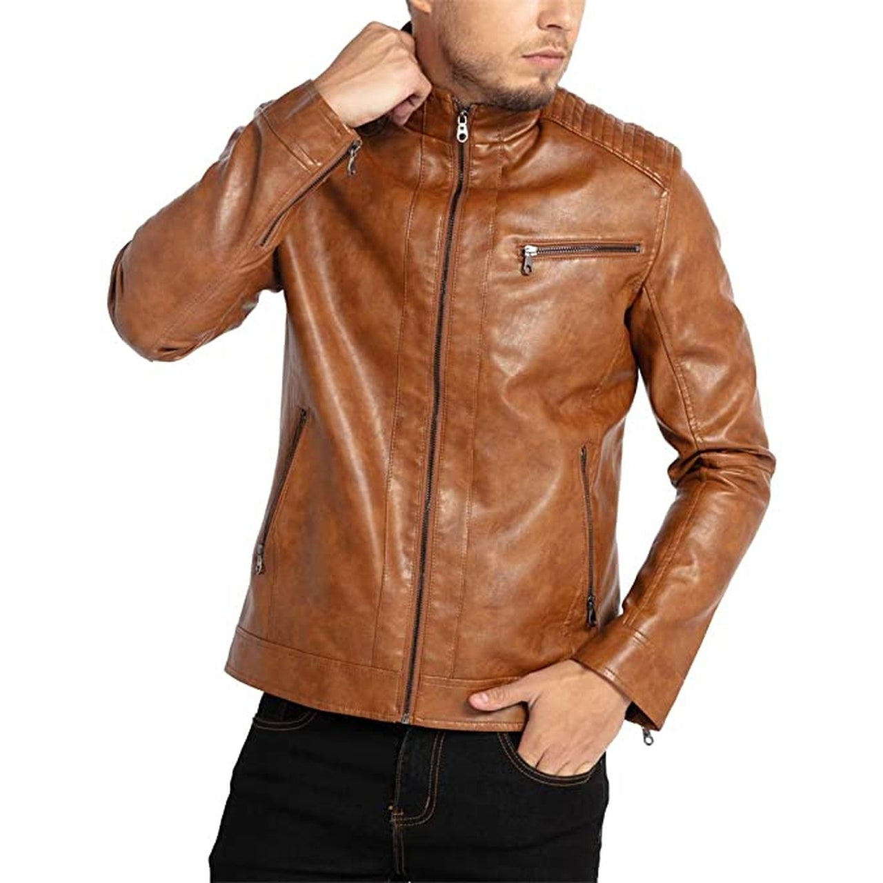 Men Stand Collar Leather Motorcycle Jacket Brown – Musheditions