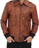 Distressed Bomber Genuine Leather Jacket Men