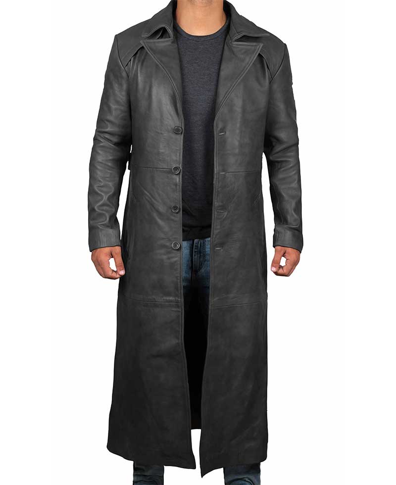 Mens Leather Black Winter Trench Coat - Full Length Overcoat – Musheditions
