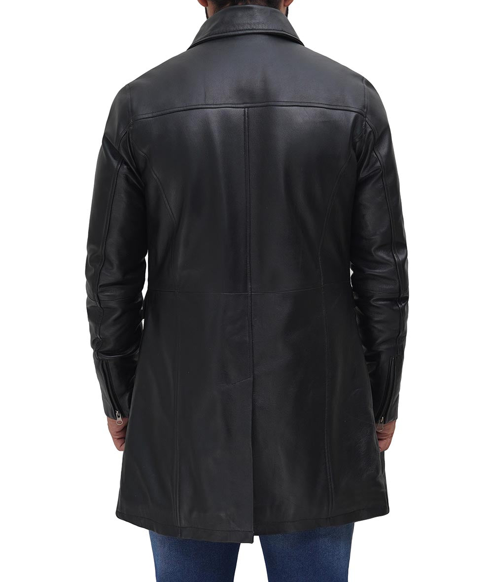 Mens Black Four Pocket Shirt Collar 3 4 Length Leather Coat – Musheditions