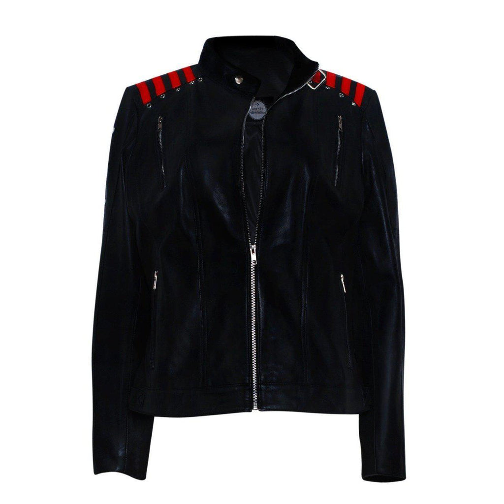 Stylish Black Leather Jacket with Red Stripes – Musheditions