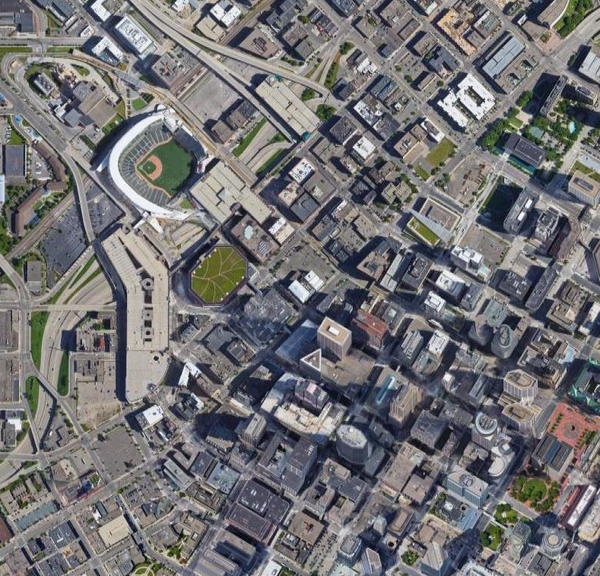 An aerial view of Target Field and downtown skyline, Thursday, Mar