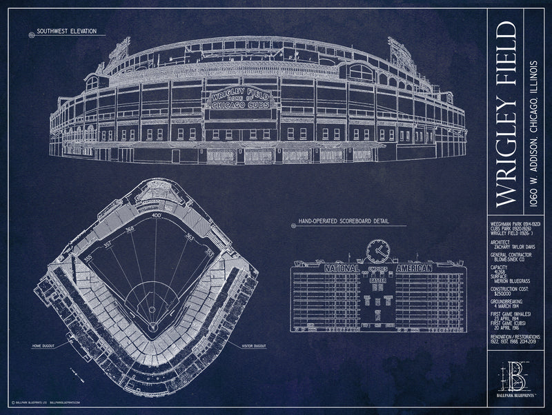 Wrigley Field Blueprint Style Poster Chicago Cubs Ballpark Blueprints