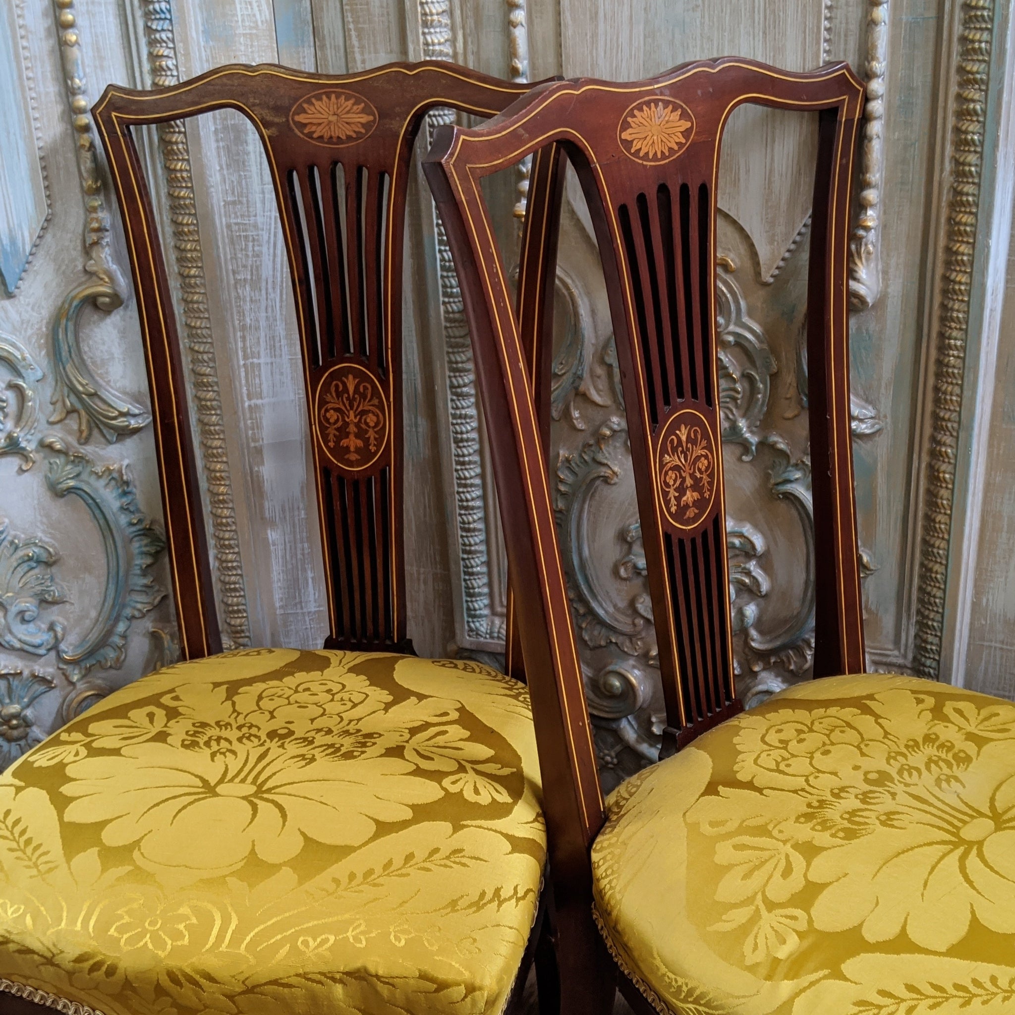 Pair of Antique Edwardian INLAID Mahogany Wood Hall Boudoir Parlour Chairs
