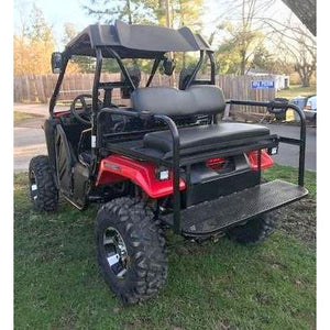 Honda Pioneer 500 REAR WELDED FLIP SEAT ASSEMBLY-Raw Metal- W/Grizzly's Amazing Heat Shield, Black Cushion Set; 13 GA Exp. Sheet Metal; Open Cargo Area-INSTANTLY TRANSFORMS YOUR PIONEER-Options: Seat Belts,2" Receiver,Grab Bar;14 GA Foot Tread Plate