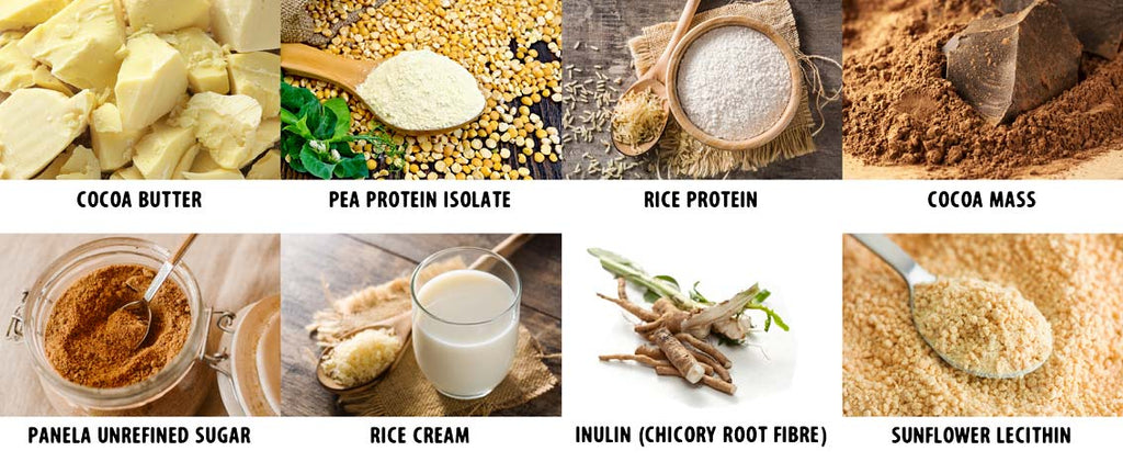 Grid image showing - cocoa butter, pea protein isolate, rice protein, cocoa mass, panela unrefined sugar, rice cream, inulin and sunflower lecithin.