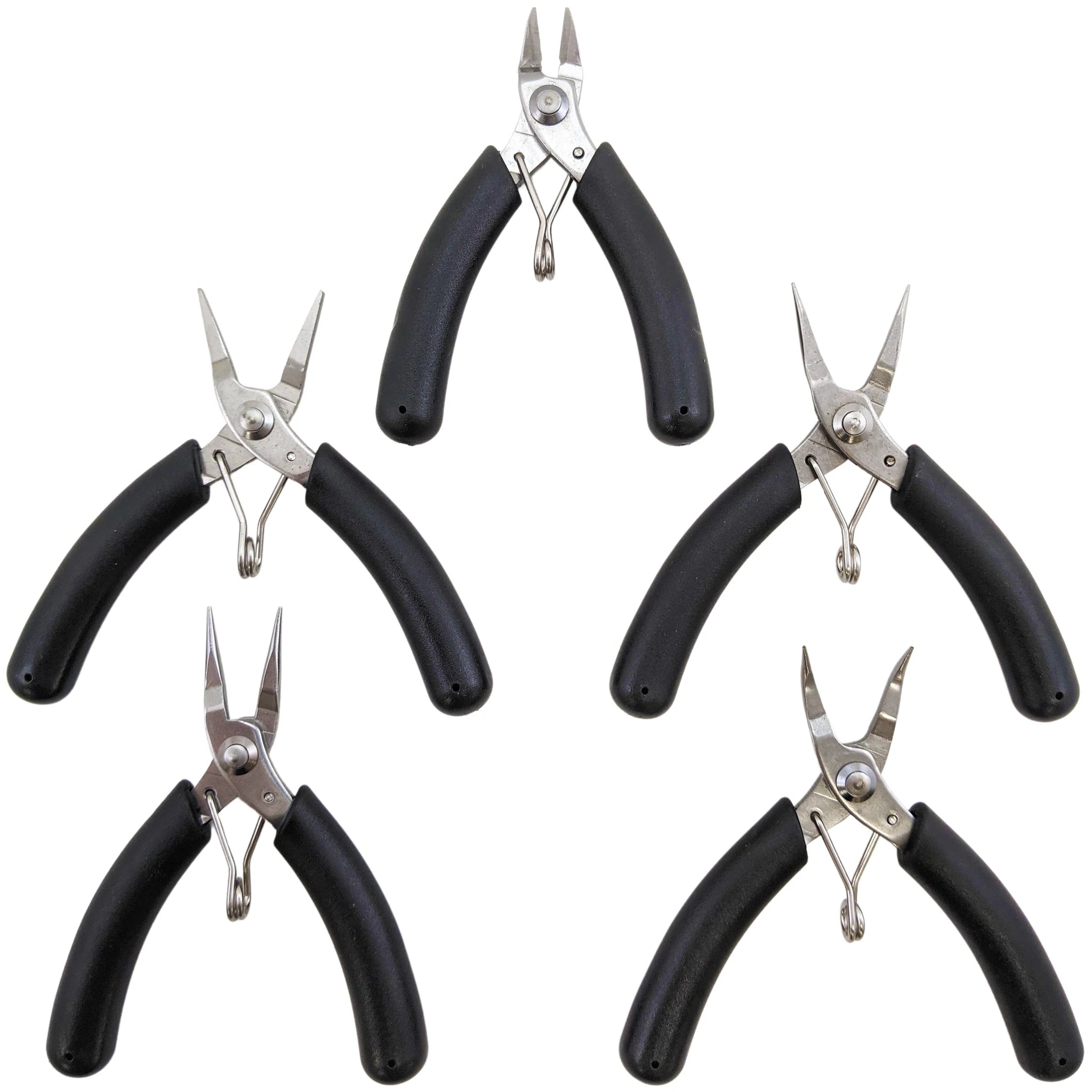  5 Piece Stainless Steel Precision Tool Set - Side Cutter, Round Nose, Long Nose, Flat Nose, and Bent Nose Pliers 