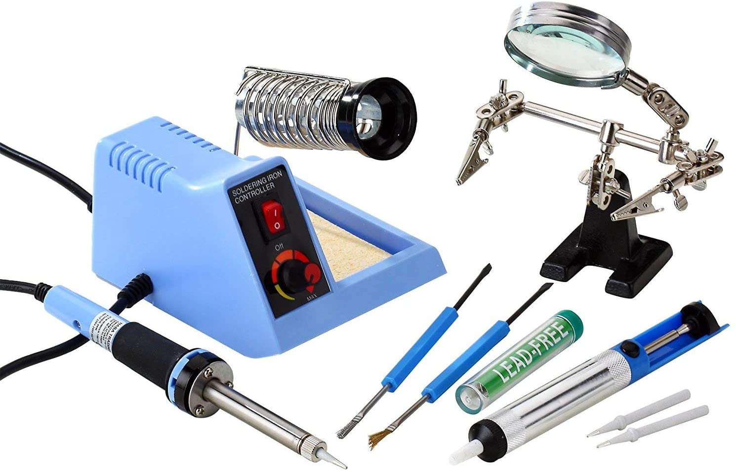  48W Temperature Controlled Soldering Station Kit with Helping Hand, Desoldering Pump, Solder Aid Kit, Solder, and 2 Spare Tips 