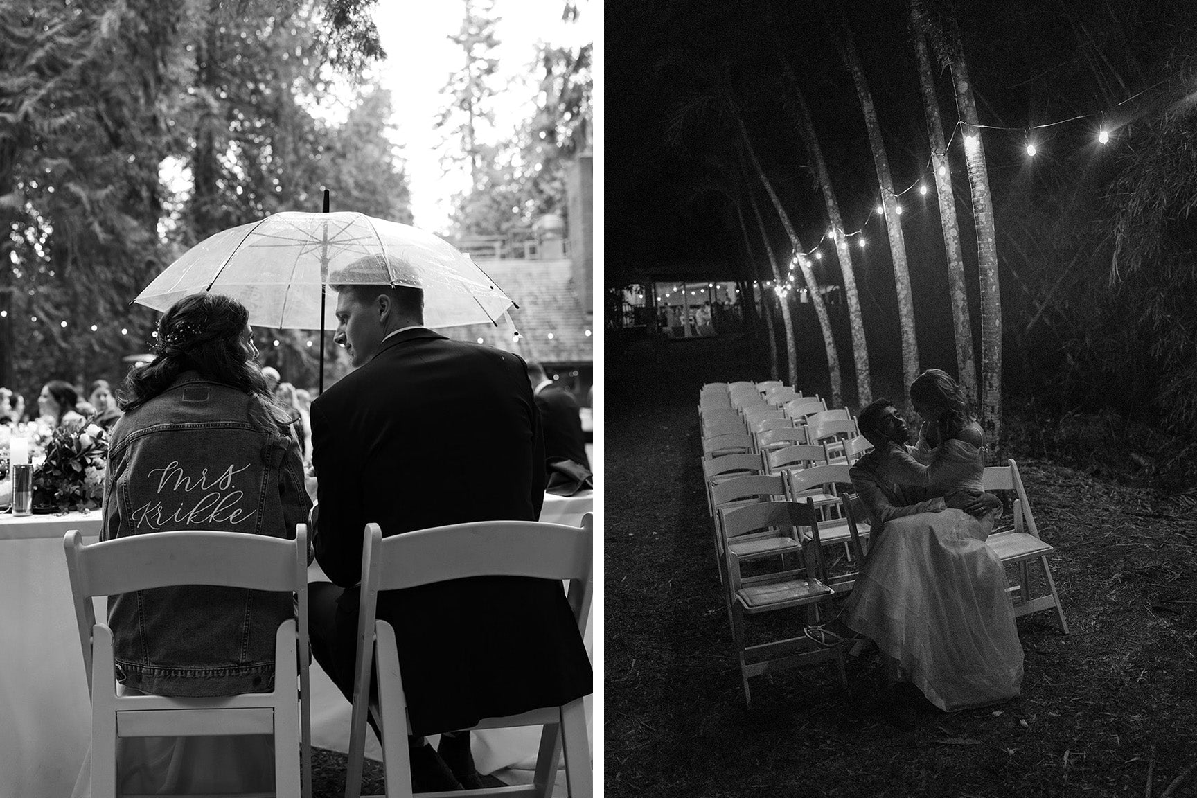 bride and groom under a clear umbrella at reception