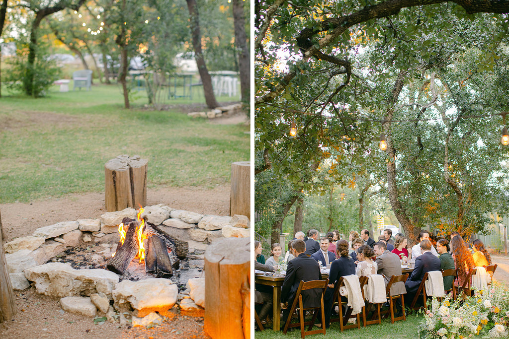 Wedding bonfire. Wedding communal style table.