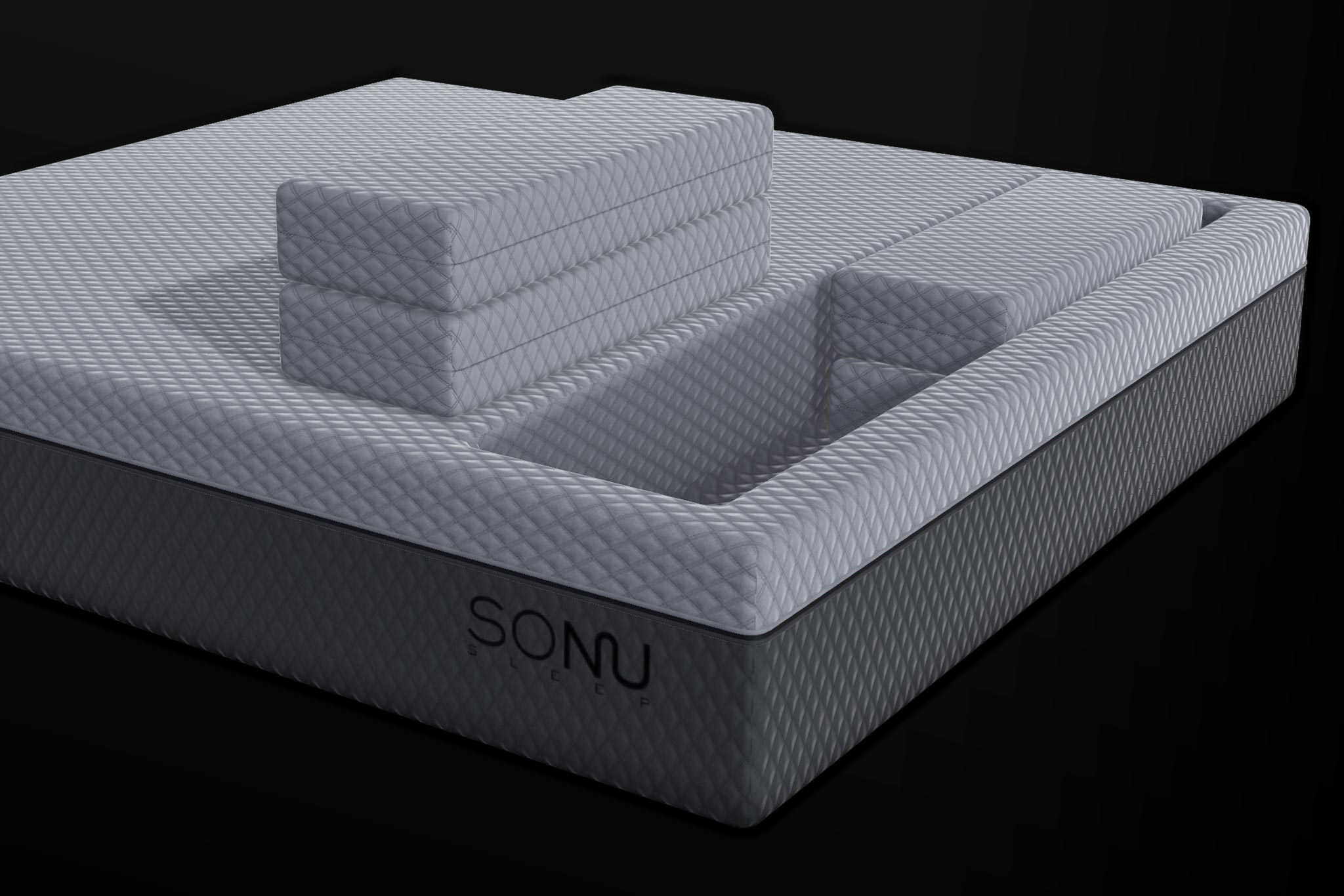 The Patented SONU Sleep System Mattress with Comfort Channel and Support Pillows against black background.