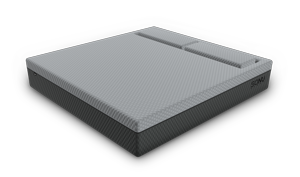 A computer rendering of The SONU Sleep System - Plush model, complete with mattress & support pillows made for side sleeping, with light grey on dark grey coloration.