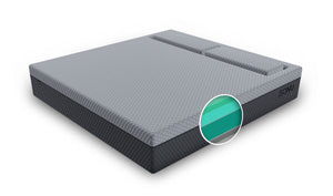 A computer rendering of The SONU Sleep System - Firm model, complete with mattress & support pillows made for side sleeping, with light grey on dark grey coloration.