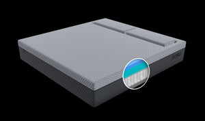 A computer rendering of The SONU Sleep System - Hybrid model, complete with mattress & support pillows made for side sleeping, with light grey on dark grey coloration.